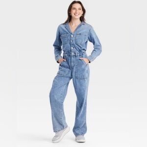 Soft Denim Jumpsuit Metal Buttons Zip Fly Elastic Waist Wide Legs Trendy Utility